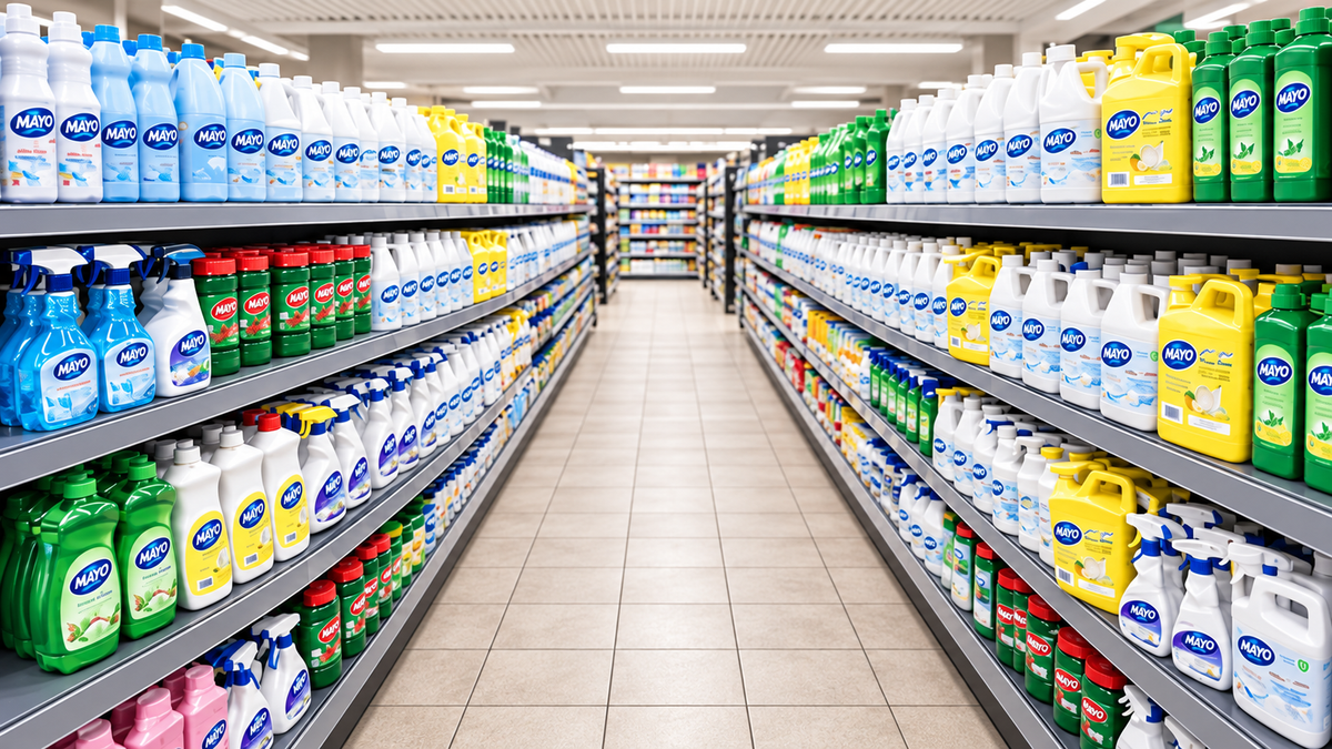 Mayo cleaning products displayed on supermarket shelves